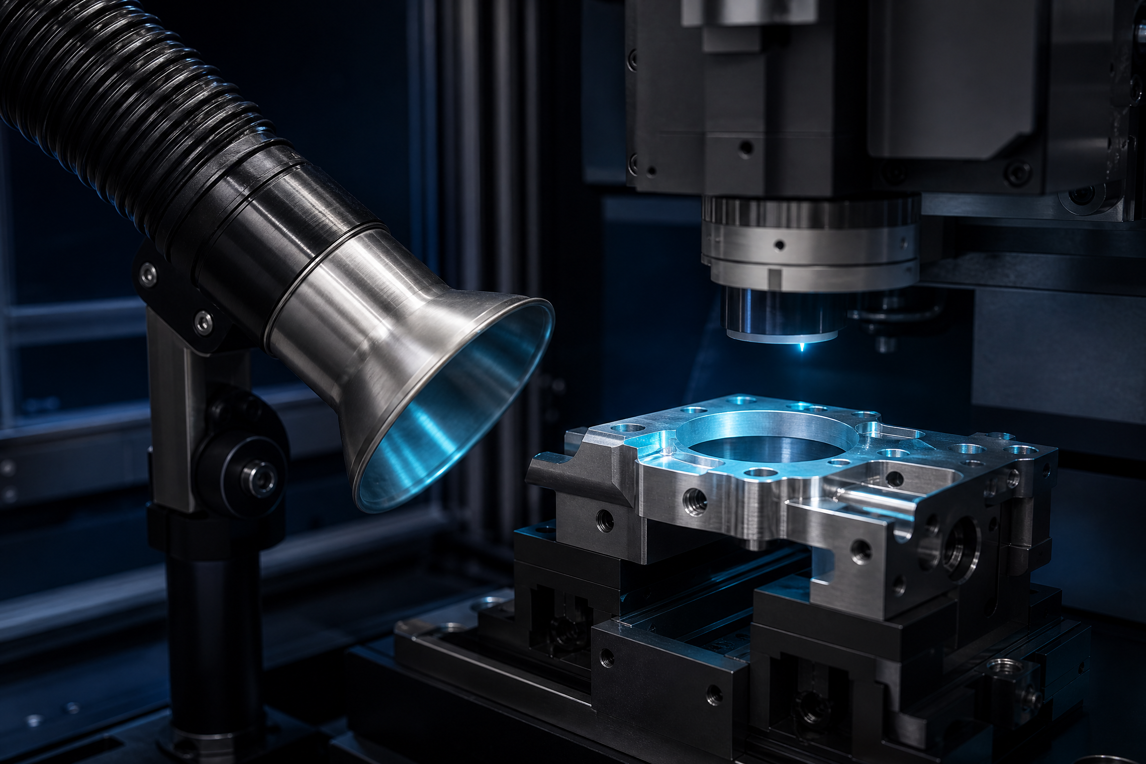 Bouche de captage local positionnée au plus près d’une pièce en cours de marquage laser