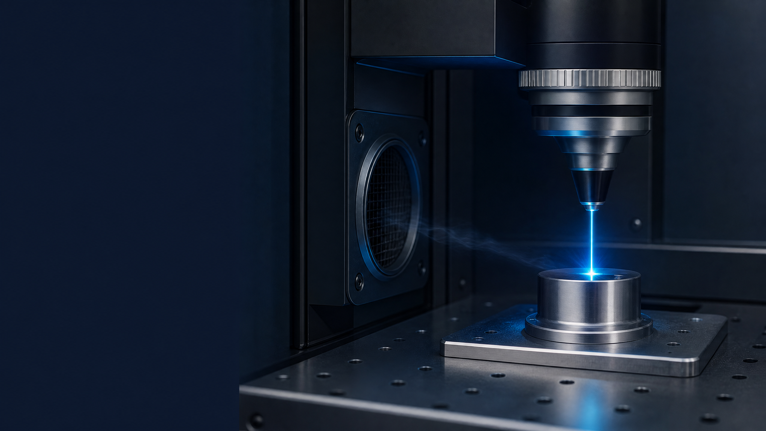 Tête laser marquant une pièce métallique au sein d’une cellule avec bouche de captage