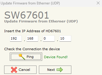 Capture de la fenêtre Update device avec le PING en SUCCESS